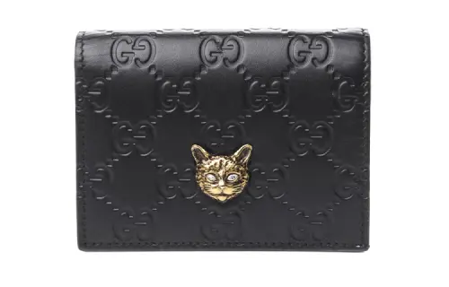 GUCCI Leather Wallet, Card Holder Women's Black