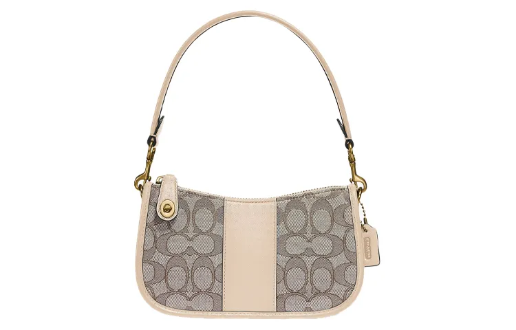 COACH Swinger Iconic Jacquard Fabric With Glove Tanned Leather Shoulder Bag, Pochette, Handbag, Shoulder Bag Small