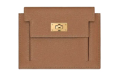 HERMES Kelly Pocket Gold tone Lock Mysore Goat Skin Short Wallet Women's 2J Quebracho Sparrow Wood Color