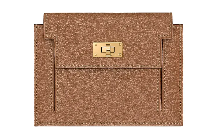 HERMES Kelly Pocket Gold tone Lock Mysore Goat Skin Short Wallet Women's 2J Quebracho Sparrow Wood Color