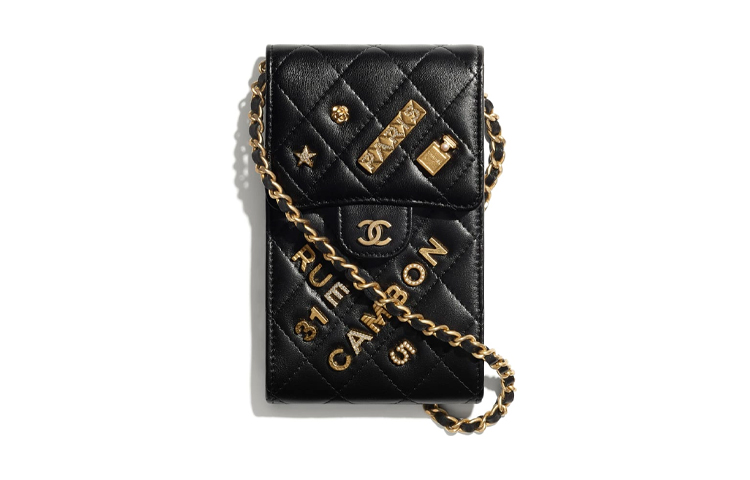 CHANEL Sheepskin & Metal One Shoulder Crossbody Cell Phone Pouch Mini Women's Black/Gold