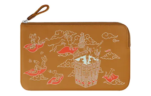 HERMES Carre Pocket Calfskin Clutch Women's Sesame & White & Burnt Candy