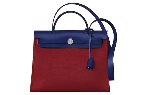 HERMES Herbag Zip Cowhide Patchwork Canvas Shoulder Bag, Crossbody Bag, Handbag 31 Unisex Marine Blue/Burgundy