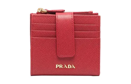 PRADA Saffiano Multiple Card Slots Leather Wallet Women's Red