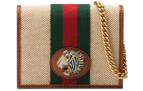 GUCCI Rajah Canvas With Leather Chain Bag Handbag Card Holder Women's Beige/Brown
