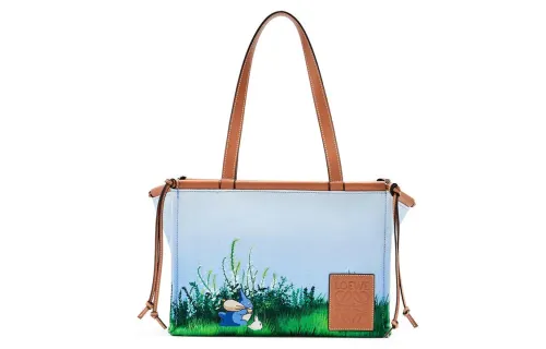 LOEWE Cushion Tote Linen With Calfskin One Shoulder Handbag Women's Light Blue