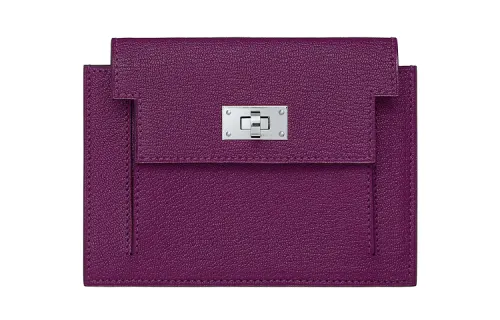 HERMES Kelly Pocket Silver Tone Buckle Sheepskin Short Wallet Women's Silver Lotus Purple
