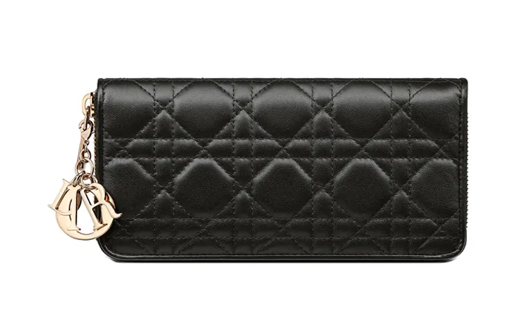 DIOR Lady Dior Lambskin Wallet Card Holder Clutch Women's Black