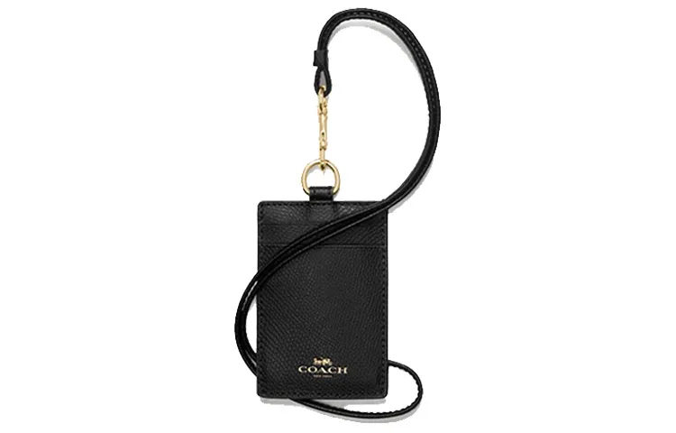 COACH Lanyard Leather Card Holder Women's Black