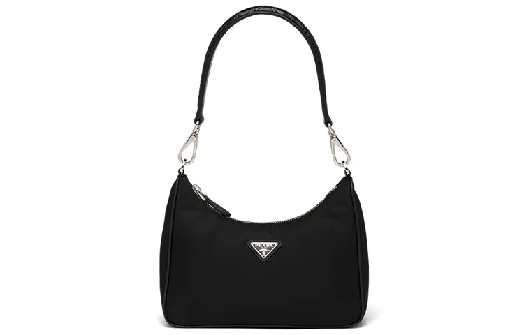 PRADA Nylon And Crocodile Leather Hobo Handbag, Shoulder Bag Women's Black