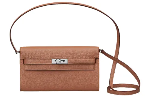 HERMES Kelly To Go Silver Tone Buckle Mysore Goat Skin Crossbody Wallet Regular Women's 2J Quebracho Sparrow Wood Color