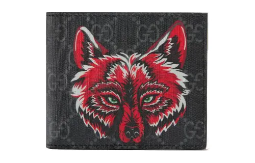 GUCCI Canvas Wallet Men's Black Gray/Red