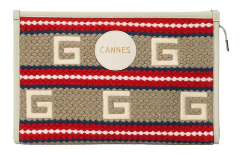 GUCCI Fabric With Leather Clutch Women's Beige/Red/Blue