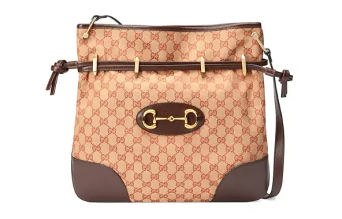 GUCCI Horsebit 1955 Canvas With Leather Shoulder Bag, Crossbody Bag Women's Brown & Red & Gold