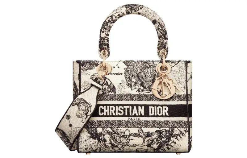DIOR Lady D Lite Embroidery Handbag, Shoulder Bag, Crossbody Bag, Handbag Medium Women's Milk White