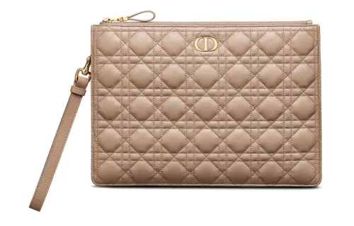 DIOR Caro Series Wicker Pattern Cow Leather Clutch Large Women's Warm Taupe