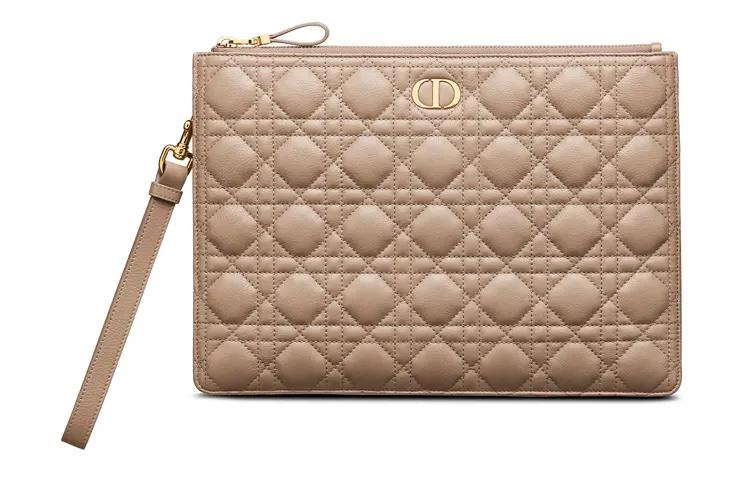 DIOR Caro Series Wicker Pattern Cow Leather Clutch Large Women's Warm Taupe
