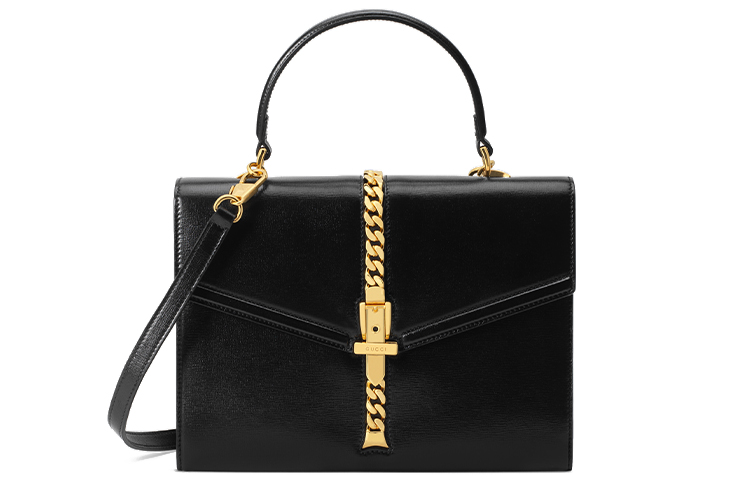GUCCI Sylvie 1969 Gold tone Lock Leather Shoulder Bag, Crossbody Bag, Handbag Small Women's Black