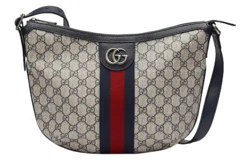 GUCCI Ophidia Canvas With Leather Dumpling Bag, Crescent Bag, Shoulder Bag, Crossbody Bag Small Unisex Blue/Beige