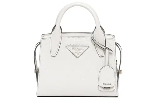 PRADA Saffiano Zip Closure Leather Handbag Small Women's White
