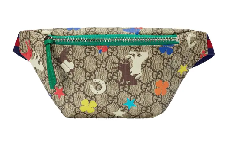 GUCCI Canvas With Leather Sling Bag, Fanny Pack Regular Kids' Ebony/Green/Multicolor