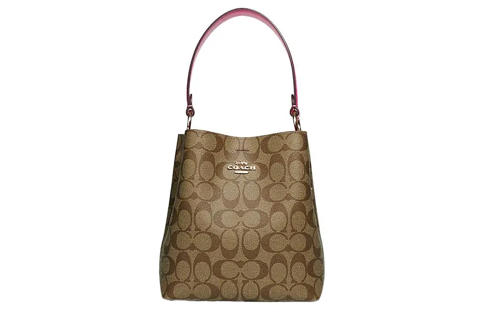 COACH Town Canvas With Leather Bucket Bag, Portable, One Shoulder Bag Crossbody Bags Small Women's Brown & Red