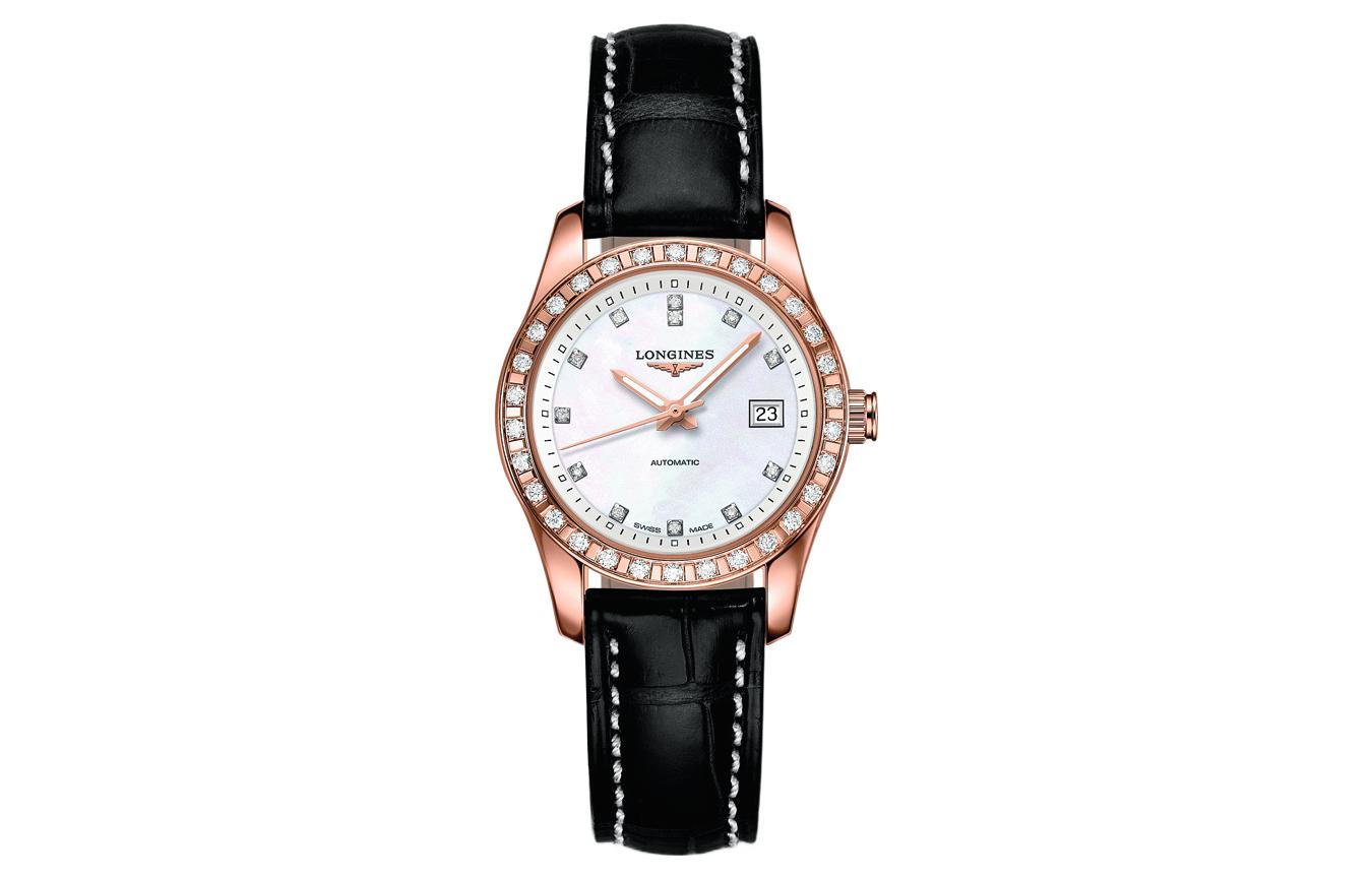 LONGINES Automatic mechanical mechanism, waterproof women's watch, dial, golden gold watch, case, watch strap, 29.5mm, 18 carat, pink gold, crocodile