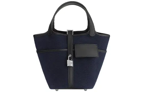 HERMES Picotin Lock Goeland Canvas With Swift Calfskin Basket Bag, Bucket Bag, Handbag Women's Deep Sea Blue & Black