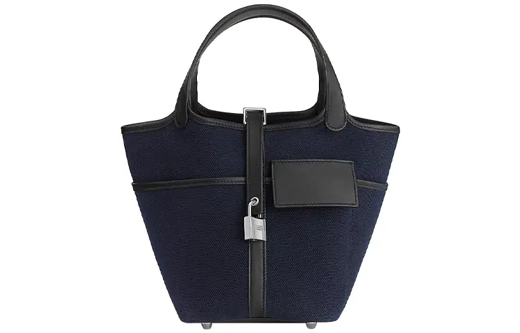 HERMES Picotin Lock Goeland Canvas With Swift Calfskin Basket Bag, Bucket Bag, Handbag Women's Deep Sea Blue & Black