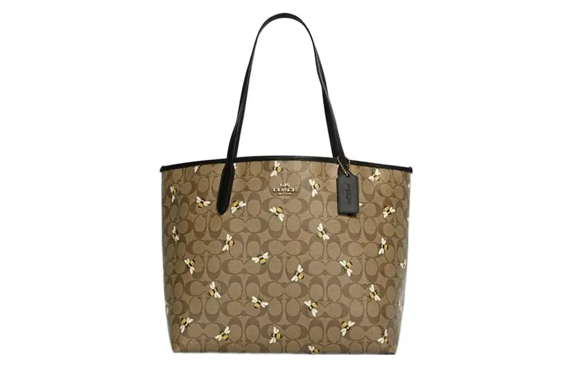 COACH City Canvas With Leather Tote Bag, Shopping Bag, Handbag, Shoulder Bag Large Women's Khaki With Bee Print