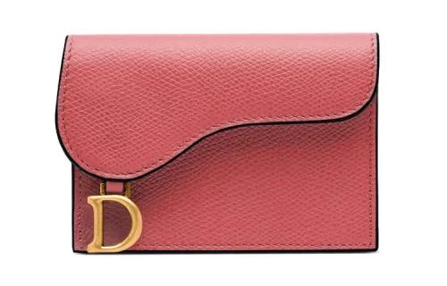 DIOR Saddle Grain Cow Leather Card Holder Women's Gray Pink