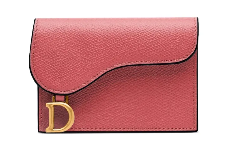 DIOR Saddle Grain Cow Leather Card Holder Women's Gray Pink