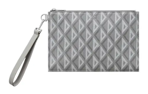DIOR Smooth Cow Leather & Cotton Gray Canvas Card Holder Document Bag Clutch Men's Gray
