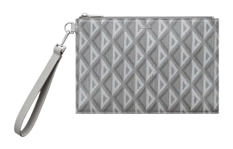 DIOR Smooth Cow Leather & Cotton Gray Canvas Card Holder Document Bag Clutch Men's Gray