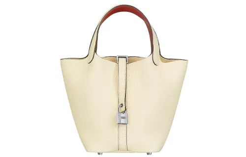 HERMES Picotin Lock Clemence With Swift Calfskin Basket Bag, Bucket Bag, Handbag 18 Women's Milk White & Earthtone