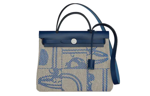 HERMES Herbag Zip Hunter Leather And H Canvas Shoulder Bag, Crossbody Bag, Handbag 31 Unisex French Blue/Light Beige