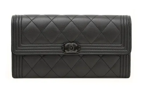 CHANEL LeboySo Black Leather Card Holder, Wallet Women's Black
