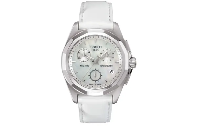 TISSOT PRC100 Quartz Movement Women's Watch 33mm White Dial Stainless Steel Case Leather Strap
