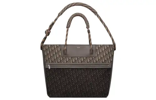 DIOR Print Jacquard Fabric And Smooth Cow Leather Handbag Men's Ebony Black And Black