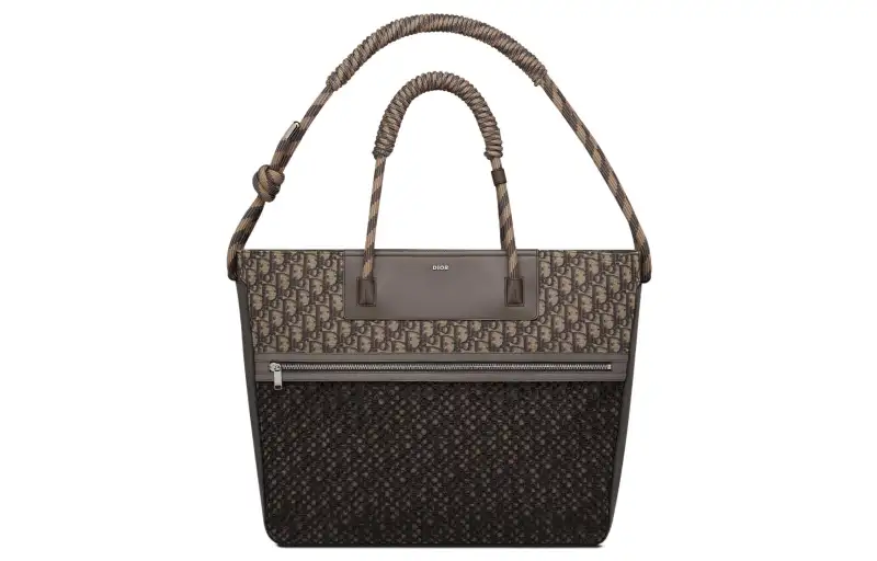 DIOR Print Jacquard Fabric And Smooth Cow Leather Handbag Men's Ebony Black And Black