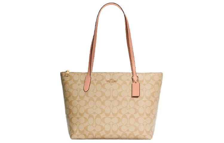COACH Zip Top Tote Canvas With Leather Handbag, Shoulder Bag Medium Women's Light Khaki & Cherry Blossom Pink