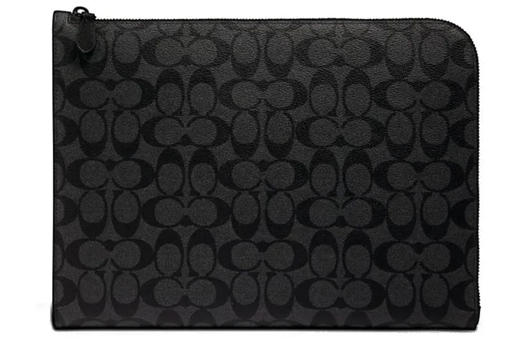 COACH L Zip Coated Canvas With Calfskin Laptop Bag Briefcase Zipper Document Folder Clutch Men's Charcoal Black