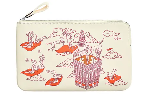 HERMES Carre Pocket Cow Leather Clutch Women's Gray White/Raspberry Red/Gray White