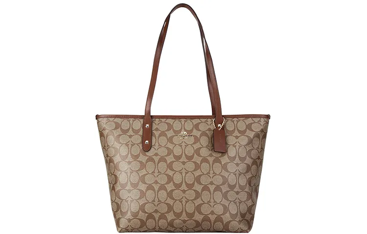 COACH City Zip Tote Artificial Leather Handbag, Shoulder Bag Large Women's Khaki