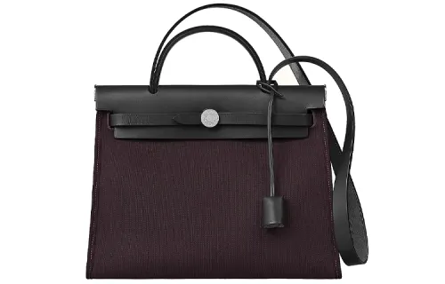 HERMES Herbag Zip Cowhide Patchwork Canvas One Shoulder Crossbody Bag, Handbag 31 Unisex Dark Reddish Purple/Black