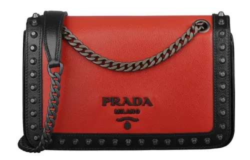 PRADA Leather Small Square Bag, Crossbody Bag, Shoulder Bag Women's Red & Black