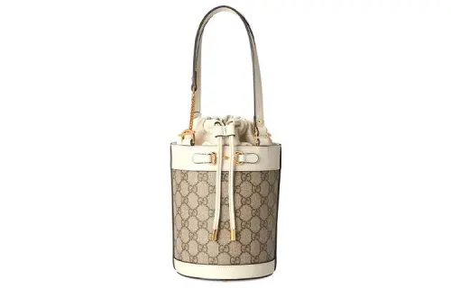 GUCCI Horsebit 1955 Canvas With Leather Bucket Bag, One Shoulder Handbag Small Women's Ebony/White