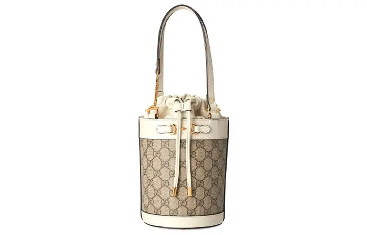 GUCCI Horsebit 1955 Canvas With Leather Bucket Bag, One Shoulder Handbag Small Women's Ebony/White