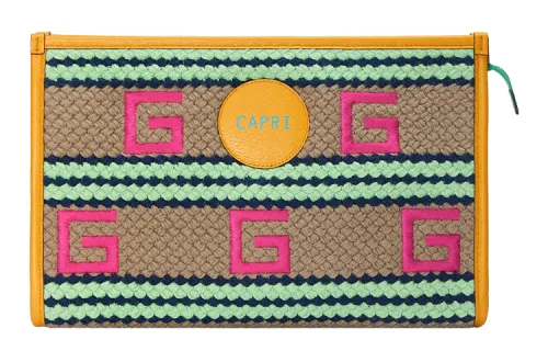 GUCCI Fabric With Leather Clutch Women's Yellow/Green/Pink