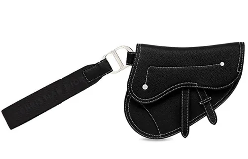 DIOR Litchi Grain Cow Leather Saddle Bag Clutch Coin Purse Unisex Black